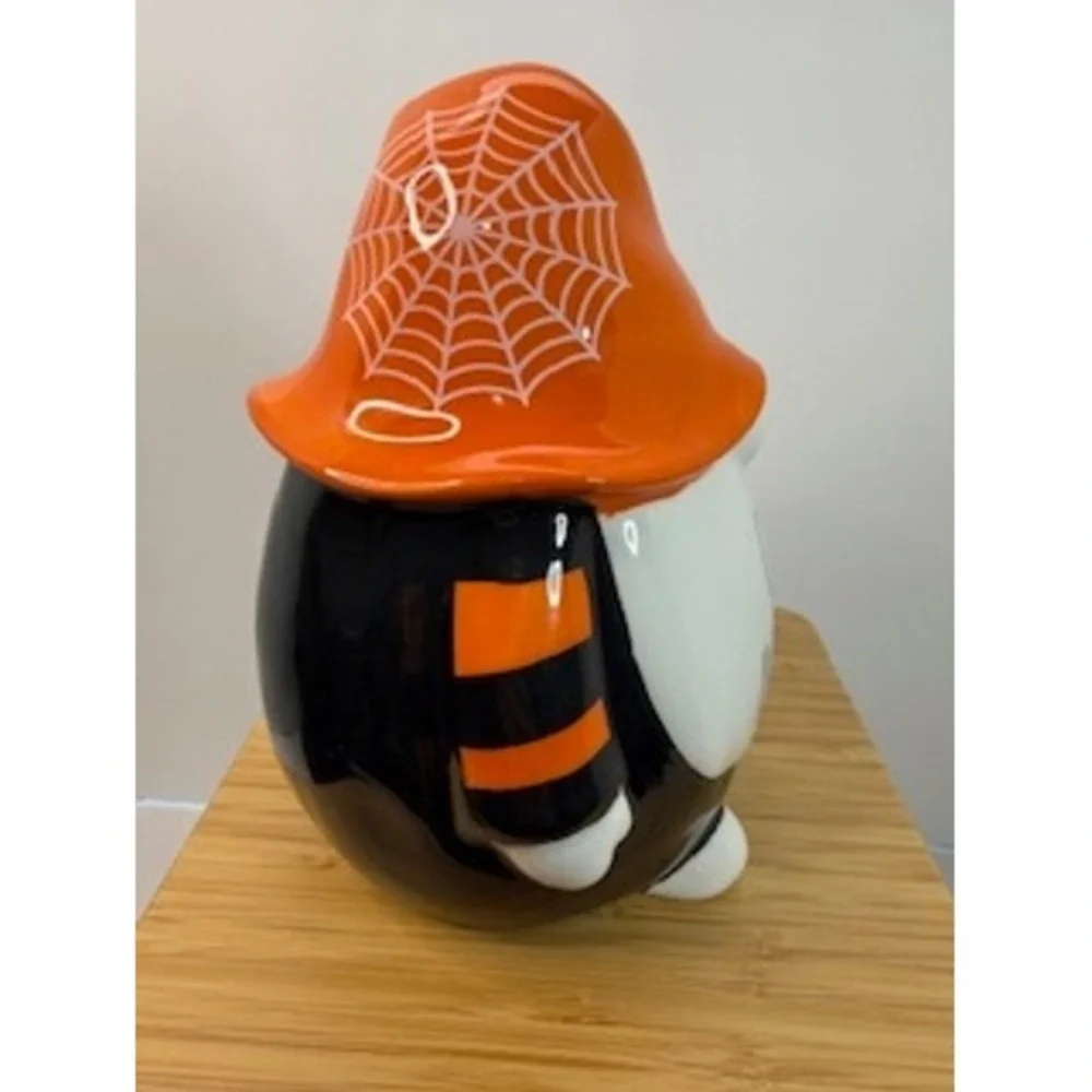 Rae Dunn Candy Inspector Halloween Gnome Figurine Orange Hat Spiderweb‎ Ceramic